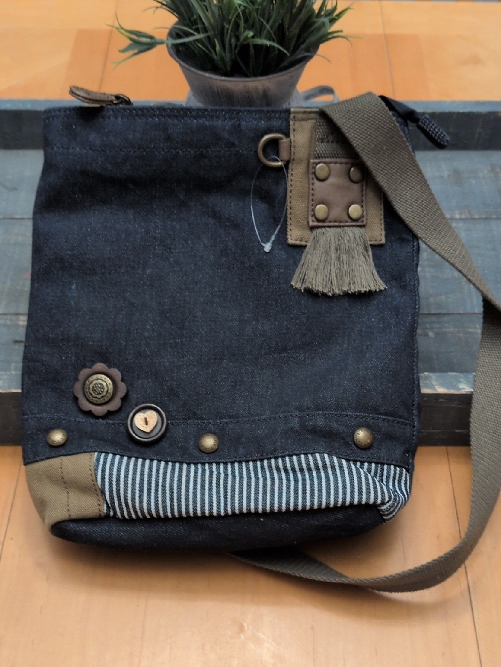 Chala Denim Patch Crossbody Messenger Bag with Olive Strap and Tan Trim